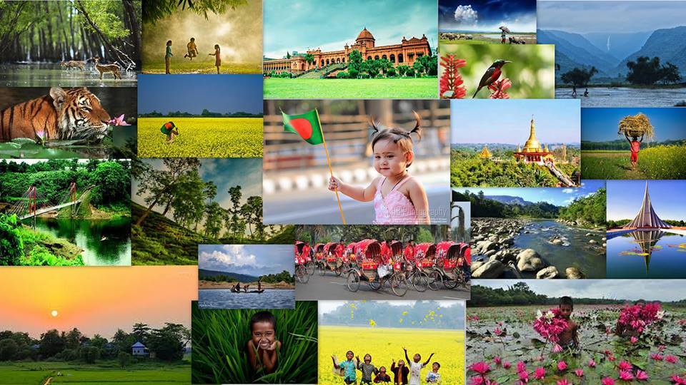 A colorful collage showing the beauty and culture of Bangladesh